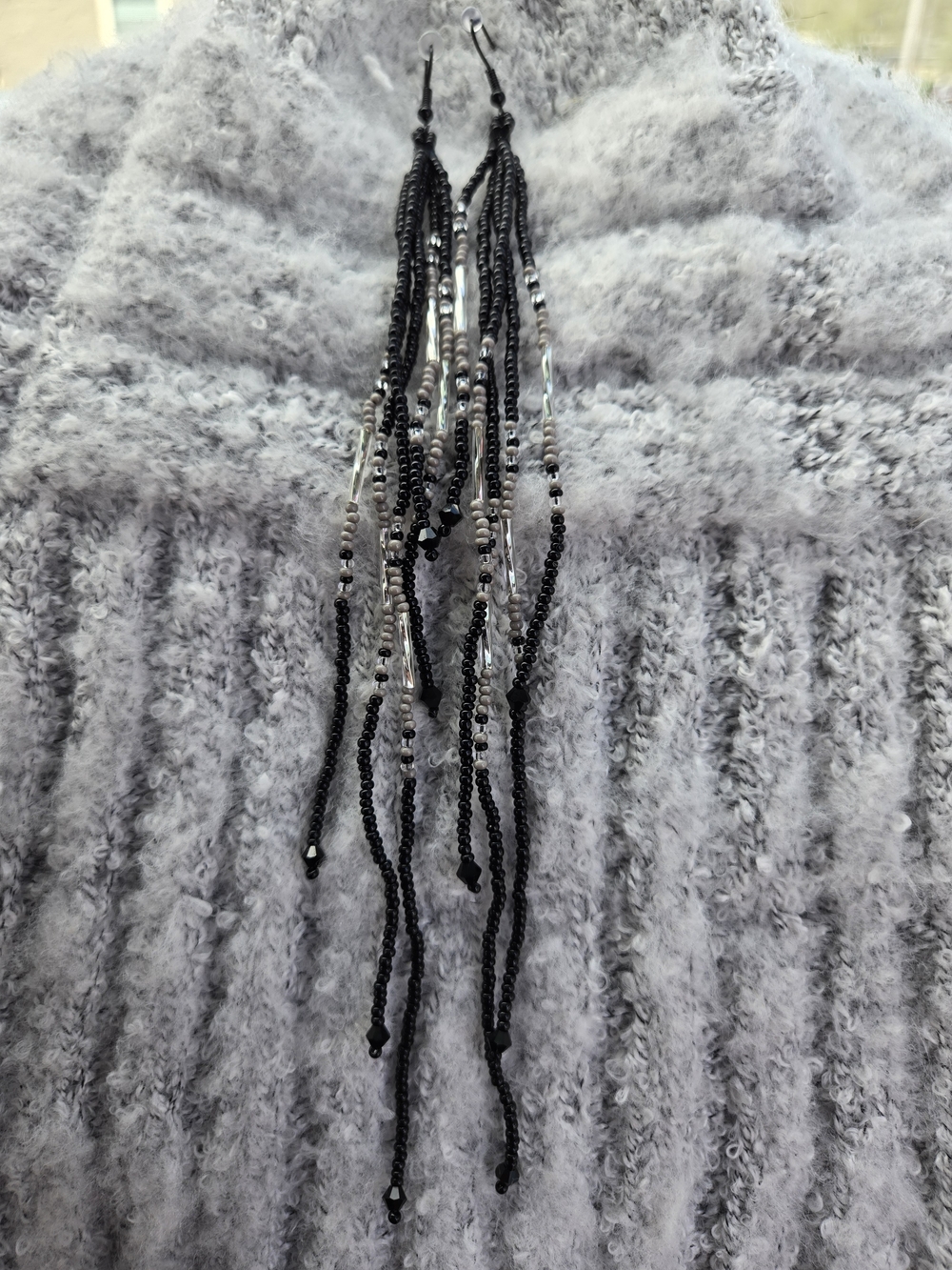 Long Black And Gray Beaded Fringe Earrings